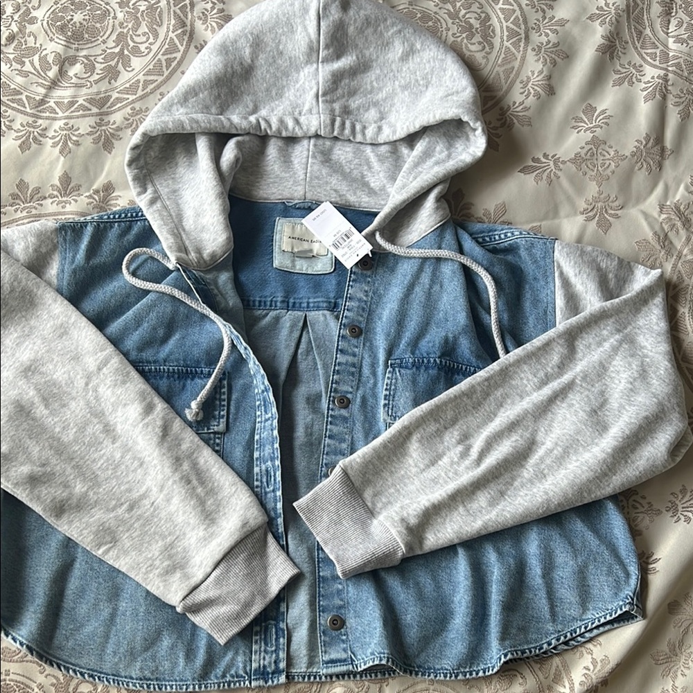 American Eagle Outfitters Blue Denim Jacket with Gray Hood